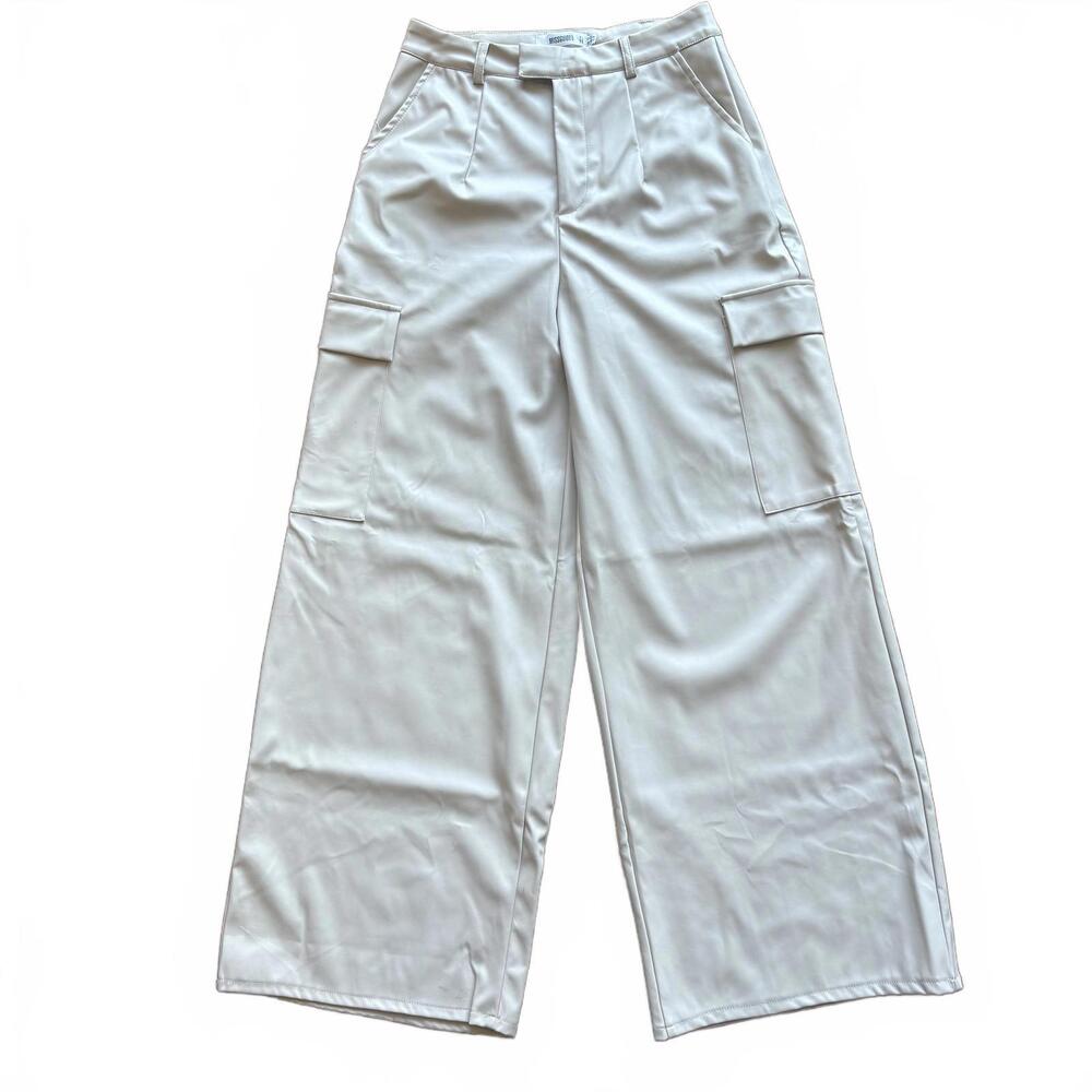 Missguided Cream Faux Leather Cargo Wide Leg Pants